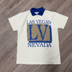 Vintage Adin of California Las Vegas Nevada Polo Shirt Mens Large Cream Blue USA